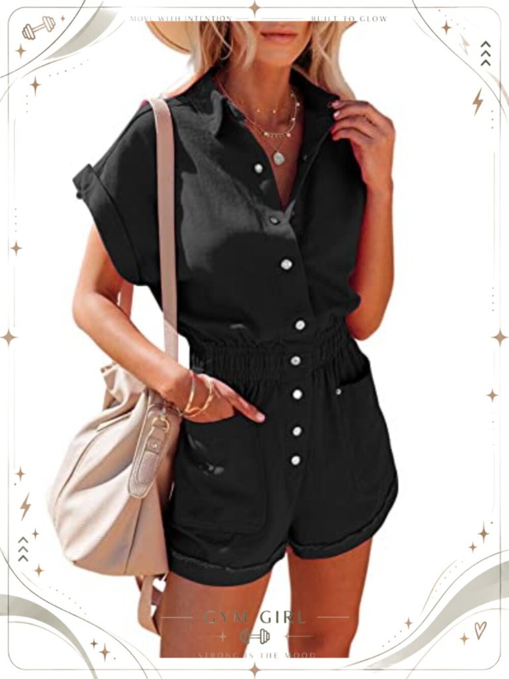 Women Utility Romper Cuffed Sleeve Elastic Waist Button Down Pocketed Jumpsuit
